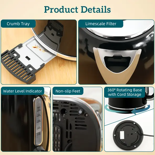 HOMCOM Polished Retro 40-100°C Kettle and Toaster Set - Black - 9