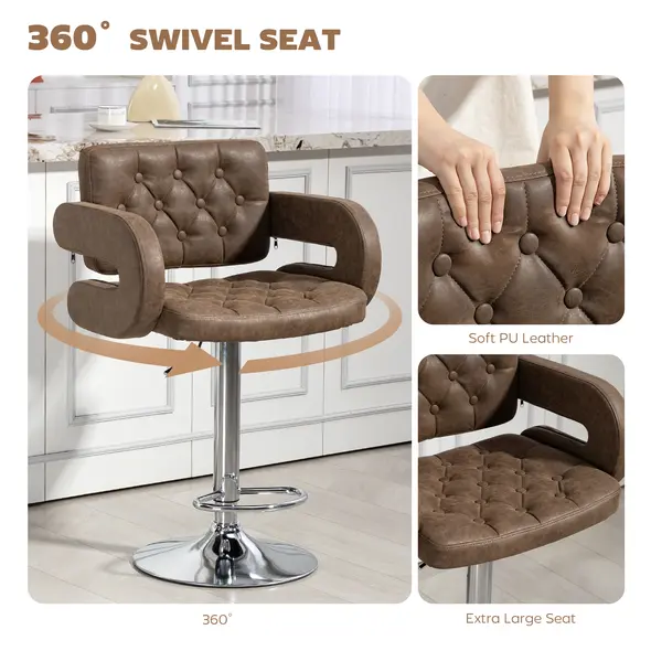 HOMCOM PU Leather Upholstered Swivel Bar Stool, Height Adjustable with Back, Armrest, Footrest, Coffee - 5