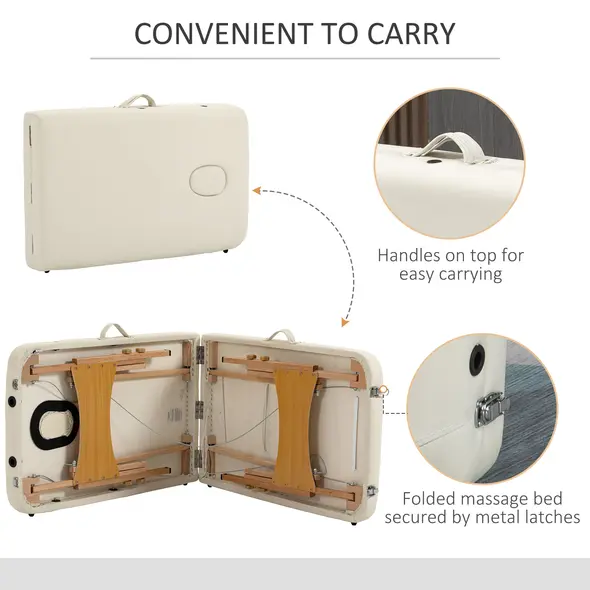 HOMCOM Portable Massage Bed, Folding Spa Beauty Massage Table with 2 Sections, Carry Bag and Wooden Frame, Cream - 7