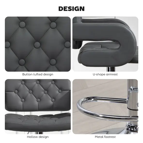 HOMCOM PU Leather Upholstered Swivel Bar Stool, Height Adjustable with Back, Armrest, Footrest, Grey - 7