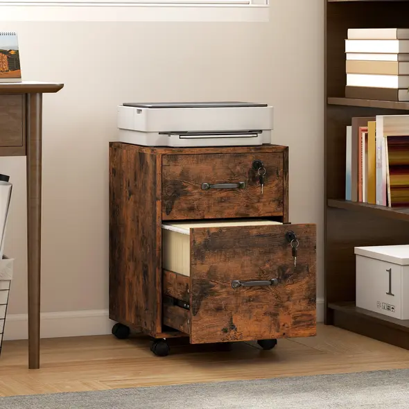HOMCOM Rolling File Cabinet with 2 Drawers, Mobile Filing Cabinet with Hanging File Folder for Letter Sized Documents, Rustic Brown - 2