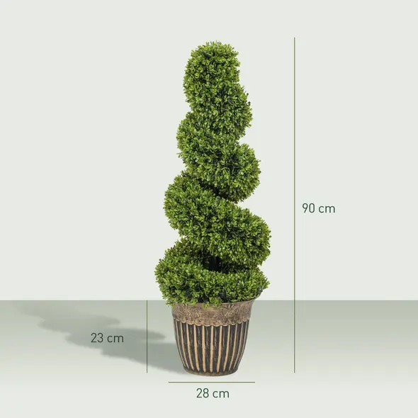 HOMCOM Set of 2 Artificial Plants, Topiary Spiral Boxwood Trees with Pot, for Home Indoor Outdoor Decor, 90cm - 3
