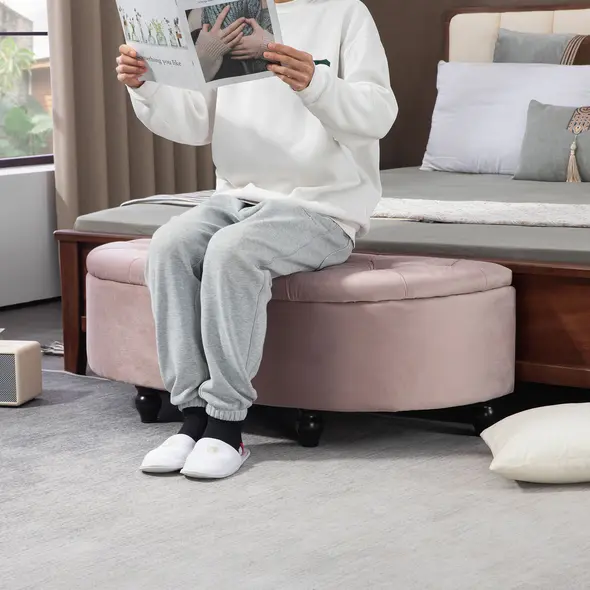 HOMCOM Semi-Circle Ottoman Storage Bench, Bed End Bench, Tufted Upholstered Window Seat Footrest Stool with Rubberwood Legs for Bedroom & Entryway, 120 x 46 x 42 cm, Pink - 7