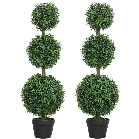 HOMCOM Set of 2 Decorative Artificial Trees, Topiary Ball-shaped Boxwood Trees in Pot, Fake Plants for Home Indoor outdoor Decor, 100cm, 3 Tree Balls - 1