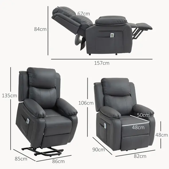 HOMCOM Riser and Recliner Chair with Massage, Power Lift Recliner Chair for Elderly with Remote Control, Extended Footrest, Dual Side Pockets, Overstuffed Electric Reclining Armchair, Dark Grey - 3