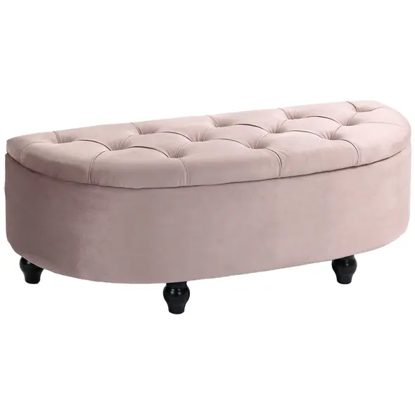 HOMCOM Semi-Circle Ottoman Storage Bench, Bed End Bench, Tufted Upholstered Window Seat Footrest Stool with Rubberwood Legs for Bedroom & Entryway, 120 x 46 x 42 cm, Pink - 1