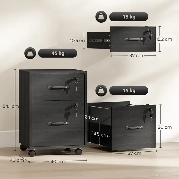 HOMCOM Rolling File Cabinet with 2 Drawers, Mobile Filing Cabinet with Hanging File Folder for Letter Sized Documents, Black - 3