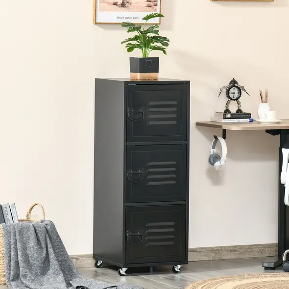 HOMCOM Rolling Storage Cabinet 3-Tier Mobile File Cabinet with Wheels & Metal Doors for Home Office, Living Room, Black - 2