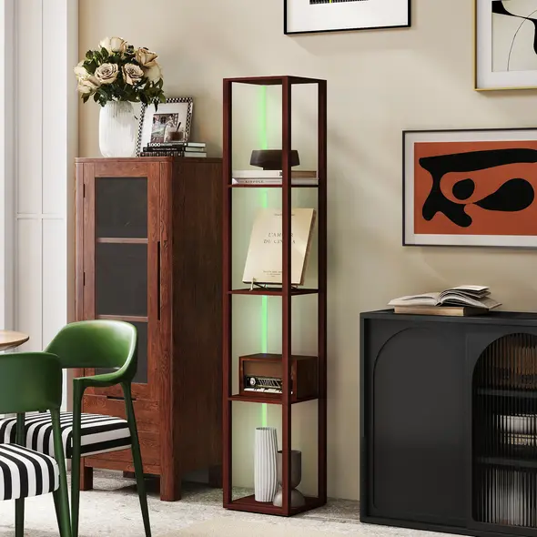 HOMCOM RGB LED Floor Lamp with Shelves, Modern Dimmable Standing Lamp with Remote Control, Adjustable Brightness & Speed for Living Room, Bedroom, Office, Brown - 8