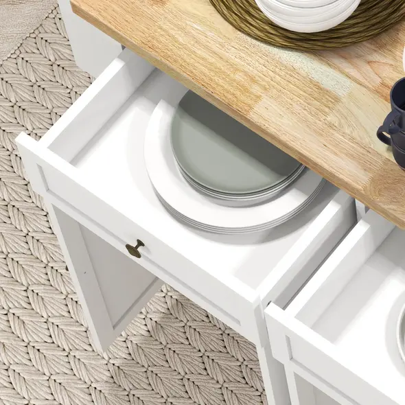 HOMCOM Rolling Kitchen Island Storage Trolley with Rubber Wood Top & Drawers for Dining Room, White - 9