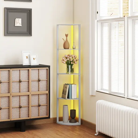 HOMCOM RGB LED Floor Lamp with Shelves, 5-Tier Dimmable Standing Lamp with Adjustable Brightness and Remote Control, Modern Corner Display Shelf Unit for Living Room Bedroom Office, Grey - 7