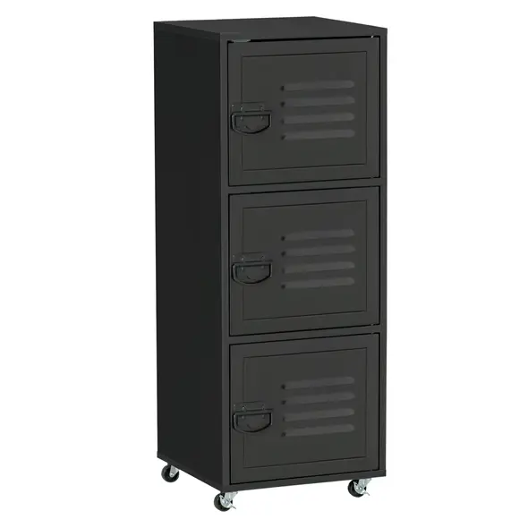 HOMCOM Rolling Storage Cabinet 3-Tier Mobile File Cabinet with Wheels & Metal Doors for Home Office, Living Room, Black - 1