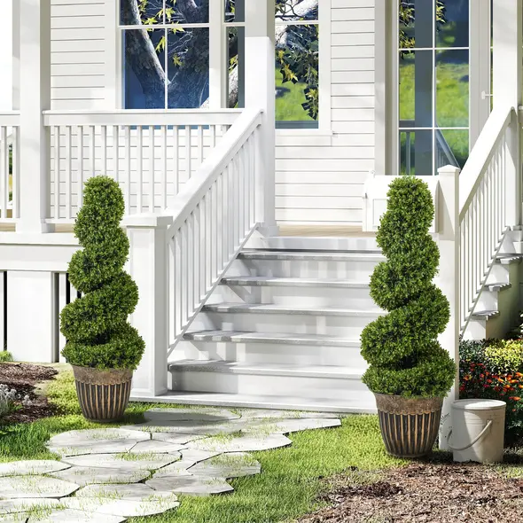 HOMCOM Set of 2 Artificial Plants, Topiary Spiral Boxwood Trees with Pot, for Home Indoor Outdoor Decor, 90cm - 2