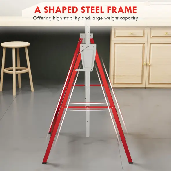 HOMCOM Set of 2 Adjustable Telescopic Builders Trestle, DIY Steel Work Bench Carpenter, Folding Saw Horse Tools Red - 5