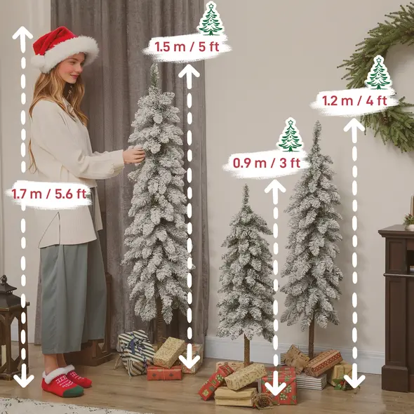 HOMCOM Set of 3 Pencil Flocked Christmas Tree, 3ft 4ft 5ft - 3