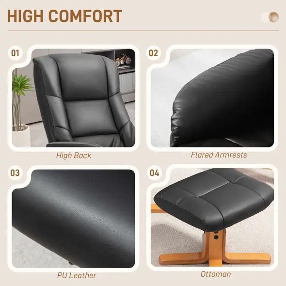 HOMCOM Rocking Recliner Chair with Footstool, PU Leather Recliner Armchair with Wood Base, Upholstered Reclining Chair for Living Room Bedroom, Black - 6