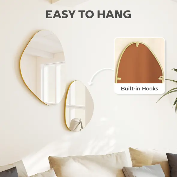 HOMCOM Set of 2 Pebble-Shaped Wall Mirror - Gold Tone - 5