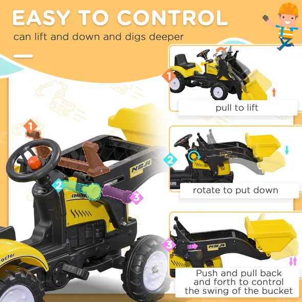HOMCOM Ride On Tractor, Toddler Excavator Toy, Pretend Play Construction Truck with Adjustable Bucket, Horn for 3 Years+ - 4