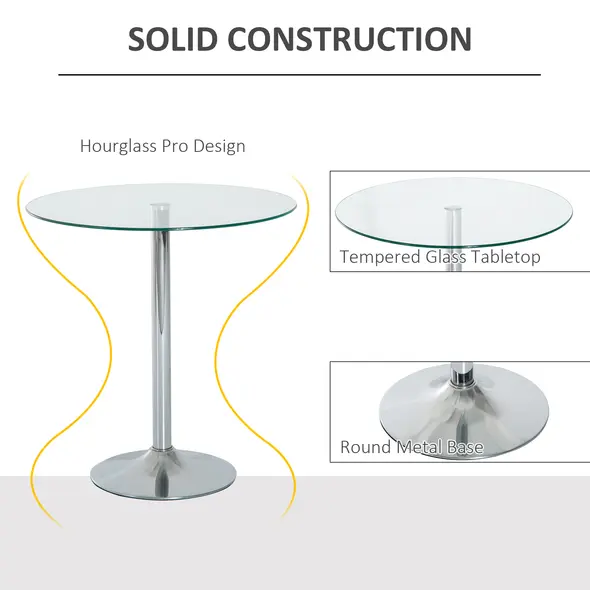 HOMCOM Round Dining Table, Modern Dining Room Table with Tempered Glass Top, Steel Base, Space Saving Small Bar Table - 4