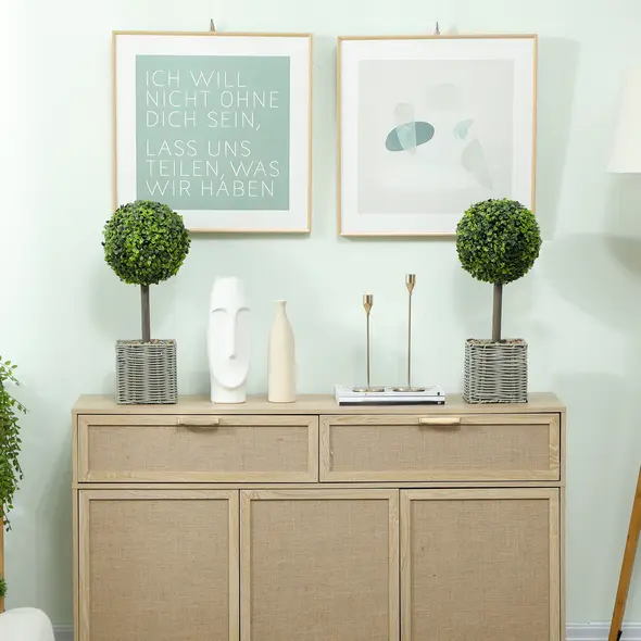 HOMCOM Set of 2 Decorative Artificial Plants, 50cm Faux Boxwood Topiary Balls with Woven Plastic Pot and Pebbles, Fake Plants for Home or Office Decor, Green - 9