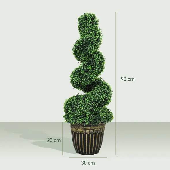 HOMCOM Set of 2 Artificial Plants, Topiary Spiral Boxwood Trees with Pot, for Home Indoor Outdoor Decor, 90cm - 3
