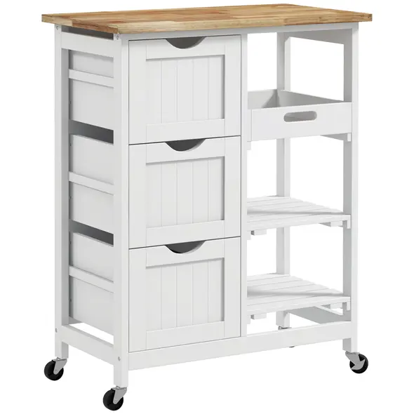 HOMCOM Rolling Kitchen Island Cart, Bar Serving Cart, Compact Trolley on Wheels with Wood Top, Shelves & Drawers for Home Dining Area, White - 1