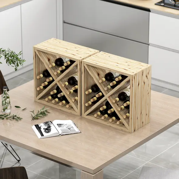 HOMCOM Set of 2 Wooden Wine Rack, X-Shaped Square Tabletop Storage Holder for 24 Bottle, Natural Wood - 2