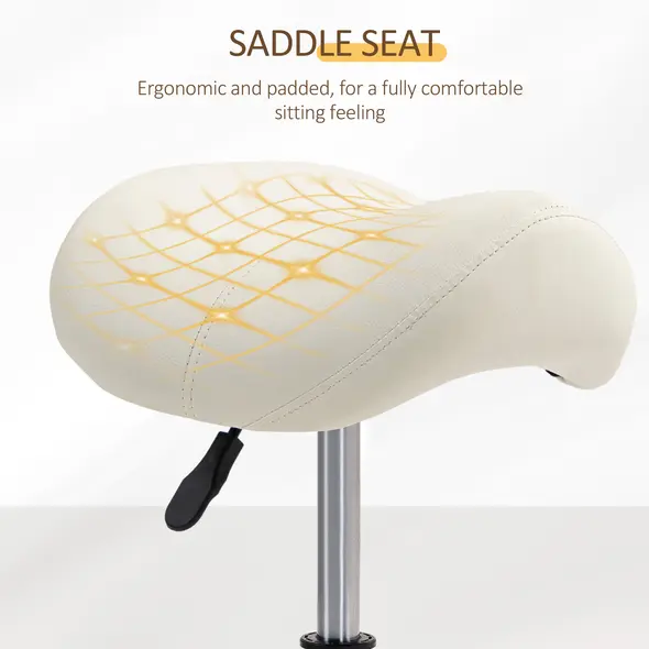 HOMCOM Saddle Stool, PU Leather Adjustable Rolling Salon Chair with Steel Frame for Massage, Spa, Beauty and Tattoo, White - 6