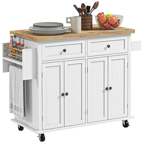HOMCOM Rolling Kitchen Island Storage Trolley with Rubber Wood Top & Drawers for Dining Room, White - 1
