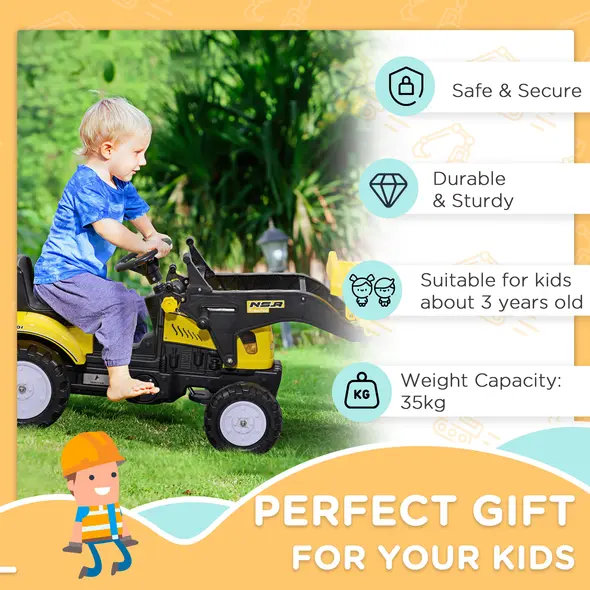 HOMCOM Ride On Tractor, Toddler Excavator Toy, Pretend Play Construction Truck with Adjustable Bucket, Horn for 3 Years+ - 6
