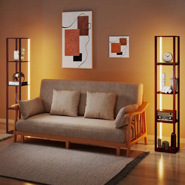 HOMCOM RGB LED Floor Lamp with Shelves, Modern Dimmable Standing Lamp with Remote Control, Adjustable Brightness & Speed for Living Room, Bedroom, Office, Brown - 7