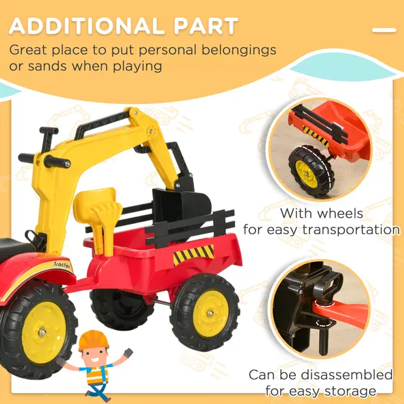 HOMCOM Ride On Tractor for Kids, 3 in 1 Ride On Excavator Toy Car with Adjustable Bucket, Digger and Removable Trailer, Pretend Play Construction Truck for 3-6 Years - 7