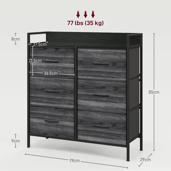 HOMCOM Rustic Chest of Six Fabric Drawers - Black - 3