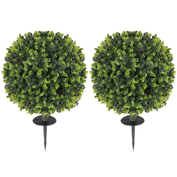 HOMCOM Set of 2 40 cm Artificial Boxwood Topiary Ball Bush with Integrated Ground Stake, Indoor Outdoor UV Resistant Faux Greenery, Faux Plants for Garden, Porch, Balcony - 1