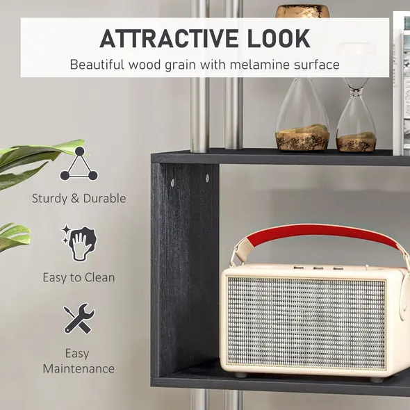 HOMCOM S Shape Bookcase, 5 Tiers Bookshelf, Modern Freestanding Storage Shelf for Home Office, Study, Living Room, 80 x 30 x 145cm Black - 5