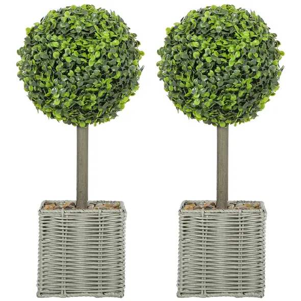 HOMCOM Set of 2 Decorative Artificial Plants, 50cm Faux Boxwood Topiary Balls with Woven Plastic Pot and Pebbles, Fake Plants for Home or Office Decor, Green - 1
