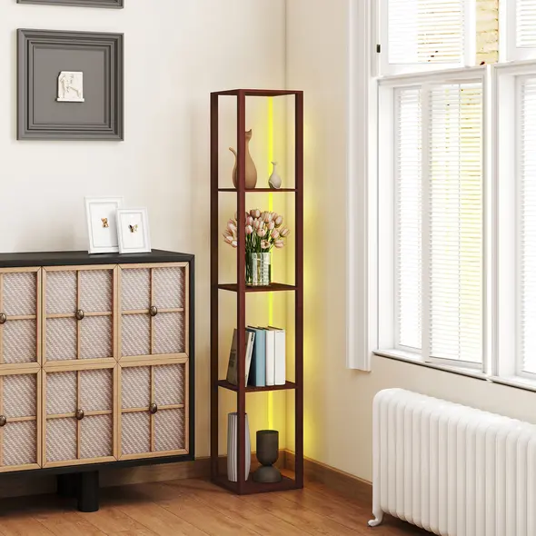 HOMCOM RGB LED Floor Lamp with Shelves, Modern Dimmable Standing Lamp with Remote Control, Adjustable Brightness & Speed for Living Room, Bedroom, Office, Brown - 3