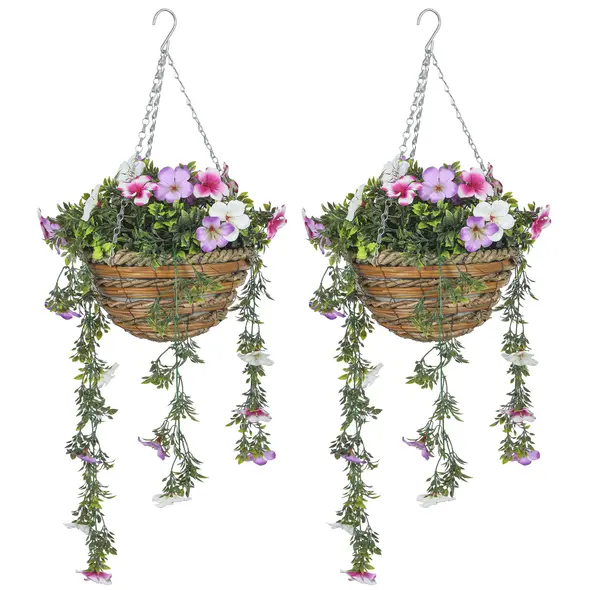 HOMCOM Set of 2 Artificial Silk Azalea Flowers, Hanging Planters with Basket, Faux Plants for Home Indoor Outdoor Decor, Pink and White - 1
