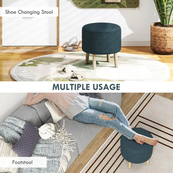 HOMCOM Round Linen-Look Storage Ottoman - Blue - 6