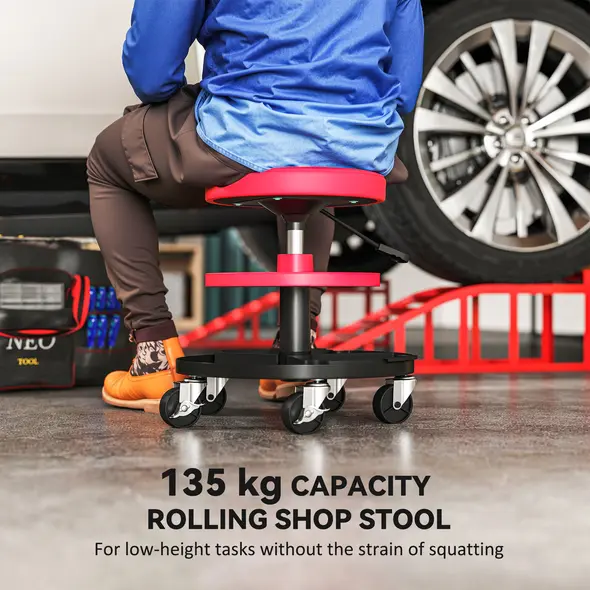 HOMCOM Rolling Mechanic Stool, 135kg Capacity Workshop Stool, 360° Swivel Roller Padded Creeper Seat with Wheels, Tool Trays Storage for Garage, Shop, Auto Repair, Red - 4
