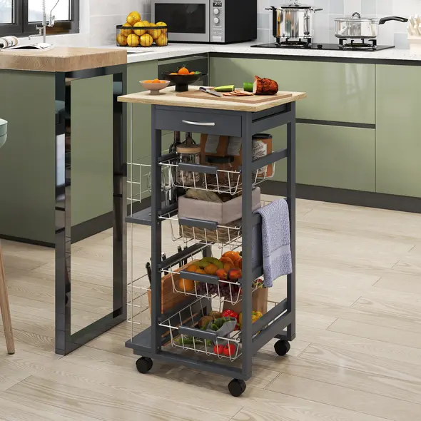 HOMCOM Rolling Kitchen Cart, Utility Storage Cart with 4 Basket Drawers & Side Racks, Wheels for Dining Room, Grey - 2