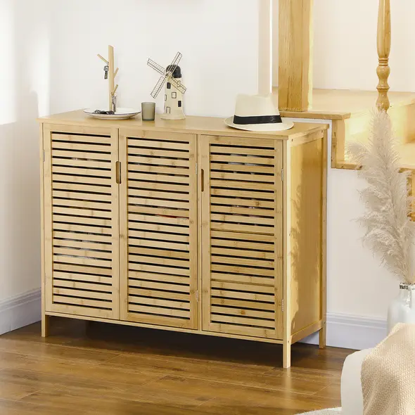 HOMCOM Rustic Shoe Cabinet, 3 Door Shoe Storage Cabinet with 8 Shelves, Natural Wood Finish - 7