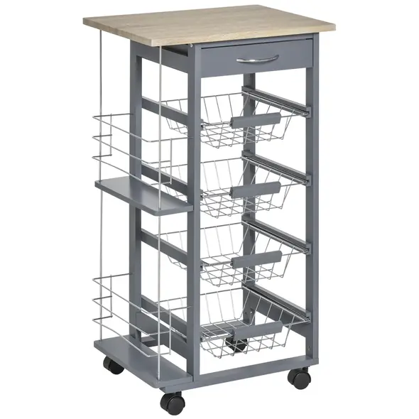 HOMCOM Rolling Kitchen Cart, Utility Storage Cart with 4 Basket Drawers & Side Racks, Wheels for Dining Room, Grey - 1
