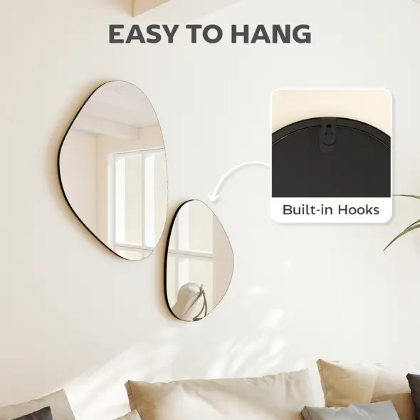 HOMCOM Set of 2 Pebble-Shaped Wall Mirror - Black - 5