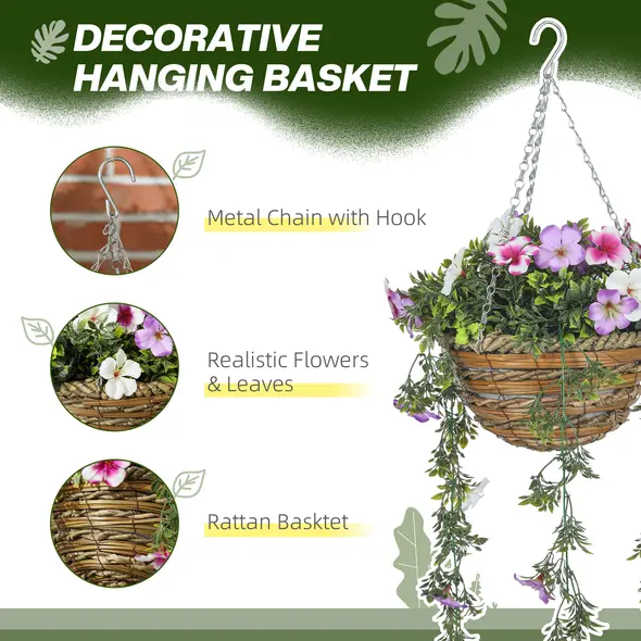 HOMCOM Set of 2 Artificial Silk Azalea Flowers, Hanging Planters with Basket, Faux Plants for Home Indoor Outdoor Decor, Pink and White - 4