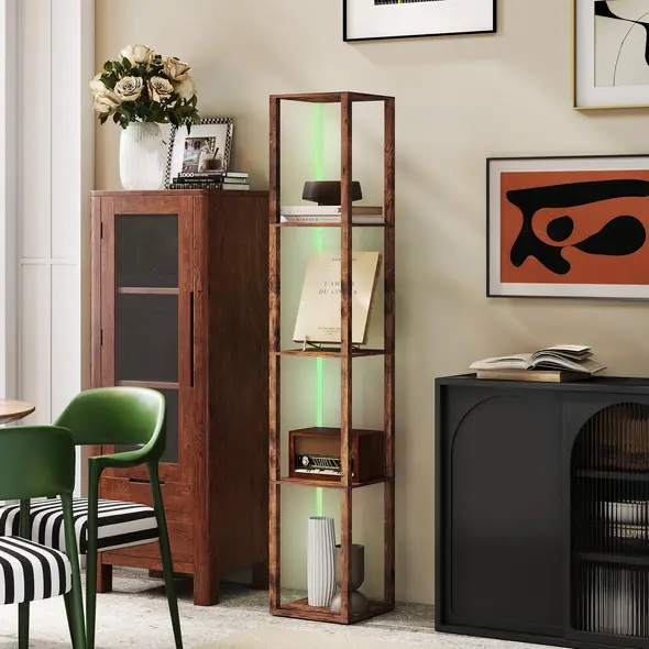 HOMCOM RGB LED Floor Lamp with Shelves, Modern Dimmable Standing Lamp with Remote Control, Adjustable Brightness & Speed for Living Room, Bedroom, Office, Rustic Brown - 3