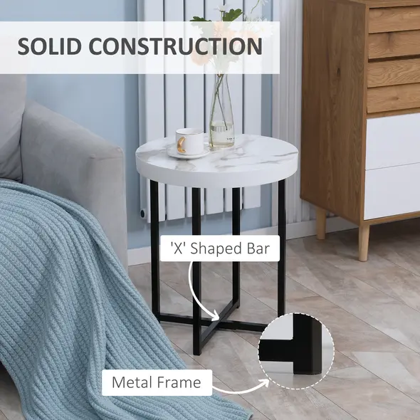 HOMCOM Set of 2 Round Side Table with Metal Legs, Modern End Table Bedside Table for Living Room, Bedroom, White - 6