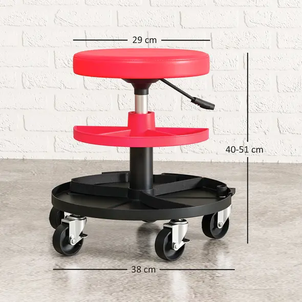 HOMCOM Rolling Mechanic Stool, 135kg Capacity Workshop Stool, 360° Swivel Roller Padded Creeper Seat with Wheels, Tool Trays Storage for Garage, Shop, Auto Repair, Red - 3