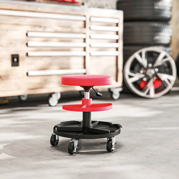HOMCOM Rolling Mechanic Stool, 135kg Capacity Workshop Stool, 360° Swivel Roller Padded Creeper Seat with Wheels, Tool Trays Storage for Garage, Shop, Auto Repair, Red - 9