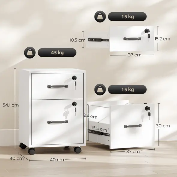 HOMCOM Rolling File Cabinet with 2 Drawers, Mobile Filing Cabinet with Hanging File Folder for Letter Sized Documents, White - 3